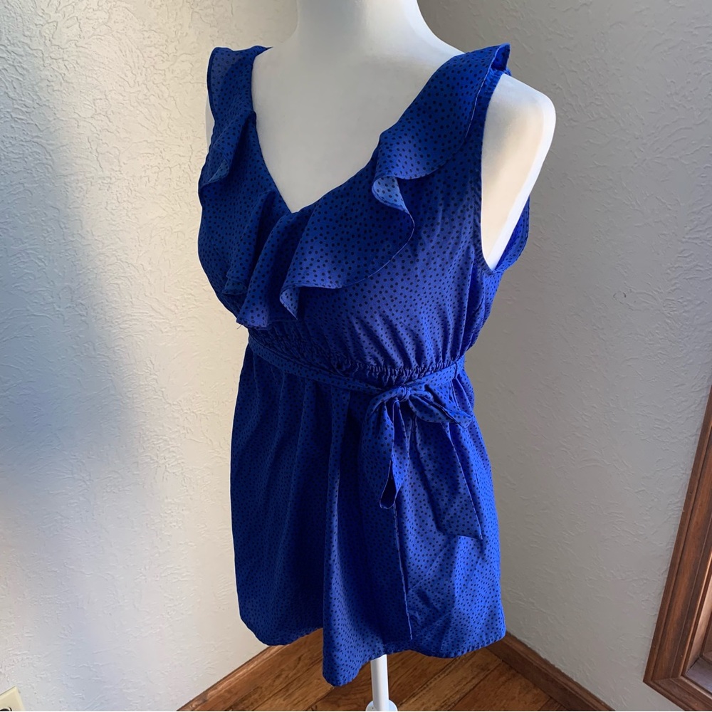 Motherhood Maternity | Royal Blue w/ Black dots Ruffle Blouse Tank Top | Sz S - Picture 2 of 13
